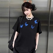 黑色蝴蝶印花短袖t恤男女款夏季美式复古国潮牌宽松上衣情侣半袖