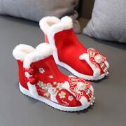 汉服鞋子女童冬季中国风拜年鞋儿童红色棉靴古装绣花鞋民族风靴子