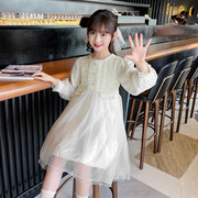秋装中洋气收腰大童韩版女长袖公主裙粉红色米，白色b类连衣裙