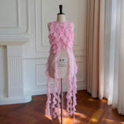 法式甜美仙气粉色珍珠雪纺衫，荷叶边不规则流苏，无袖衬衫上衣71328
