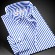 男士春季蓝白条纹衬衫长袖修身纯棉，商务休闲正装，短袖格子免熨烫衬