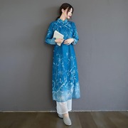 中式改良版印花旗袍长衫茶服女 春夏季民族风复古丝麻长袖连衣裙
