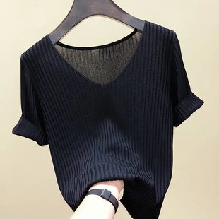 冰丝短袖t恤女装，2023夏季韩版修身半袖v领针织打底衫上衣女潮