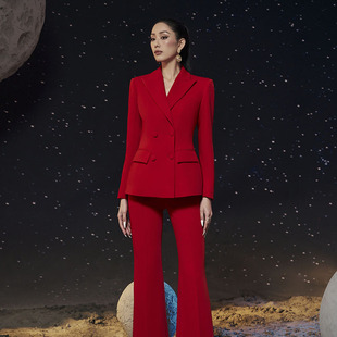 越南小众品牌LAMUSE 2024年春夏正红色双排扣气质西装套装