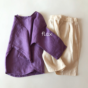 男童亚麻衬衫女童圆领，棉麻上衣儿童森系复古韩版宽松套头紫色衬衣