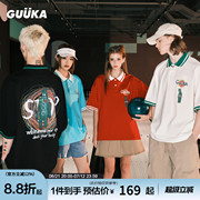 GUUKA红色polo衫短袖男重磅T恤夏季纯棉情侣美式复古拼接上衣宽松