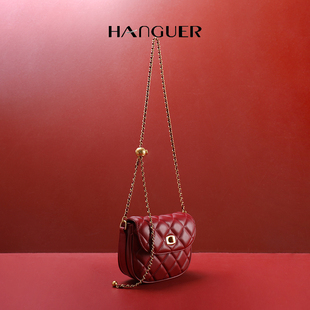 hanguer&ck经典耐看今年流行的酒红色菱格链条小包包女斜挎包