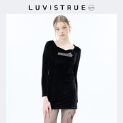 LUV IS TRUE黑色U领丝绒长袖连衣裙女早春法式复古包臀裙中长裙