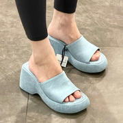 ZA2023夏季女鞋蓝色牛仔坡跟凉鞋增高一字带松糕厚底外穿拖鞋