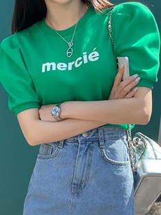 韩国chic夏季减龄复古小众设计感气质圆领字母印花卫衣t恤女短袖