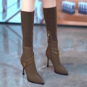 韩版弹力套筒细跟瘦瘦靴女单靴2023年秋冬金属扣带尖头高跟骑士靴