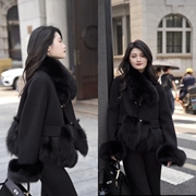2024年冬季韩版黑色重工高品质狐狸毛加厚小个子双面呢外套女