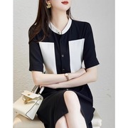 韩国高级感立领衬衫裙女夏季2024小个子显瘦简约拼接连衣裙女