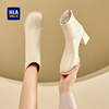 海澜之家法式白色高跟短靴，女2024时尚粗跟及踝靴增高方头裸靴