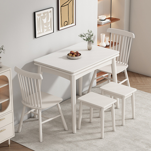 岩板折叠餐桌家用小户型奶油，风现代简约伸缩实木，餐桌椅组合桌子
