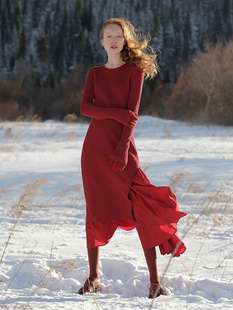 酒红色修身轻奢小香风长袖针织，连衣裙甜辣风长裙裙子送半裙h