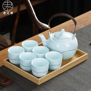 影青荷花茶壶套装陶瓷大容量，提梁壶茶杯，茶盘整套简约家用高档茶具