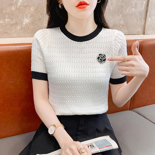 韩国冰丝短袖t恤女夏季2024时尚洋气修身显瘦正肩圆领体恤女