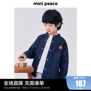 minipeace太平鸟童装男童长袖圆领牛仔衬衫外套卡通装饰春秋