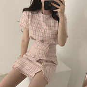 韩国chic夏季小香风撞色格纹短袖衬衫+高腰显瘦包臀半身裙套装女