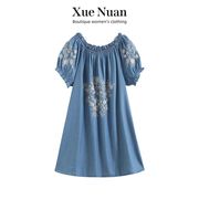 雪暖蓝色天丝牛仔夏季外穿轻奢中国风民族风透气连衣裙绣花裙女装