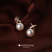 LUCKY STAR时尚通勤百搭交叉款极强光珍珠耳钉白色气质纯银耳环女