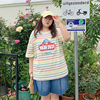 YUZI鱼子上衣短袖T恤大码女装夏款微胖mm妹显瘦遮肉200斤彩虹条纹