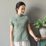 玉想丁香中式女装复古文艺棉布格子修身短款夏季短袖旗袍上衣