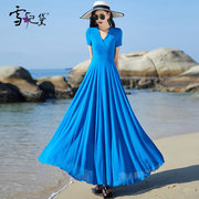 夏季纯色雪纺连衣裙女长款到脚踝洋气修身高端蓝色，短袖v领裙
