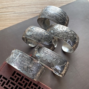 复古民族风纹银手镯欧美雕花，开口宽手环，时尚个性苗银做旧古风饰品