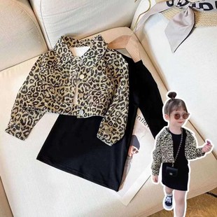 女童秋季套装2021儿童，韩版长袖豹纹外套，洋气针织连衣裙两件套