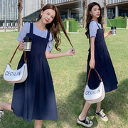 孕妇装夏装时尚假两件拼色短袖，连衣裙中长款裙子夏季韩版孕妇裙夏
