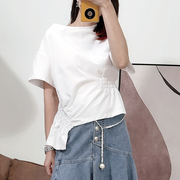 短袖上衣女装潮夏季不规则设计感小众纯色全棉t恤衫韩系