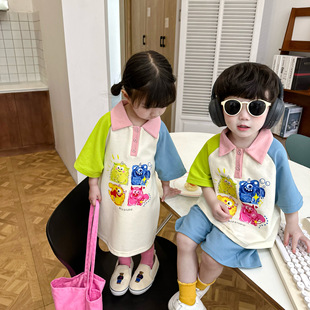 2023兄妹装儿童韩版姐弟，装polo衫，亲子装男女童卡通短袖套装潮