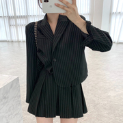 韩国chic复古翻领条纹两粒扣长袖，西装外套+高腰压褶半身裙套装女