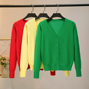 春秋季薄针织开衫纯色，百搭夏季外搭长袖空调，衫短款绿色v领外套棉