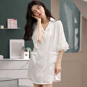 维多利亚白色衬衫睡裙女春夏季冰丝短袖薄款小性感仿真丝睡衣