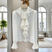 白色衬衫女春季高级感法式别致漂亮重工烫钻荷叶边喇叭袖衬衣