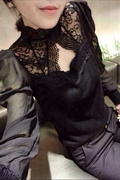 法式蕾丝立领镂空心机上衣女宫廷雪纺袖，棉质显瘦气质打底衫大码