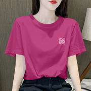 韩国玫红色t恤女短袖，2024春夏季正肩纯棉，宽松遮肚子内搭~