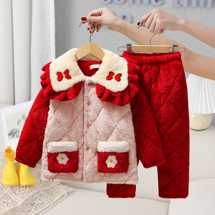 冬季儿童三层夹棉加厚珊瑚绒睡衣中小童女孩拼色法兰绒家居服套装