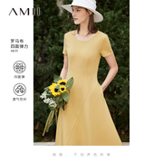 Amii超显身材连衣裙休闲2023女夏针织打底显瘦短袖罗马布裙子