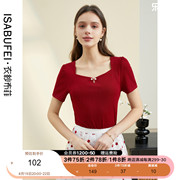 纱布菲丹萱国风针织，短袖t恤女2024夏季修身显瘦短款红色上衣