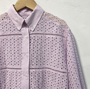 日本小众design客供激光镂空纯棉质粉紫色洋气显瘦衬衫上衣
