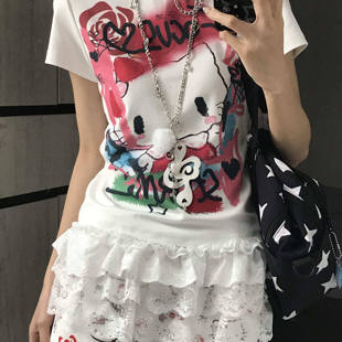 美式辣妹涂鸦helloKitty正肩短袖t恤女夏季修身显瘦甜辣风上衣潮