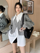 韩系时尚套装女初秋2023中长款打底白衬衫灰色毛呢外套两件套