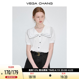 vegachang白色衬衫，女夏装2024年法式小众蝴蝶结，泡泡袖上衣