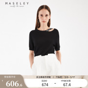 maseley玛塞莉夏季简约圆领，镂空露肩性感设计黑色套头毛衫