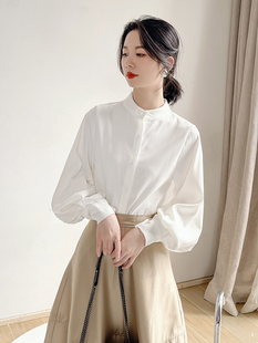 春季法式泡泡袖白色衬衫女设计感小众立领长袖复古气质高级感上衣