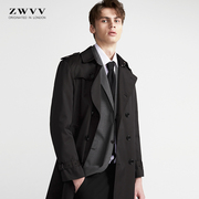 秋季男士风衣中长款男装青年，商务休闲英伦，修身黑色翻领潮外套